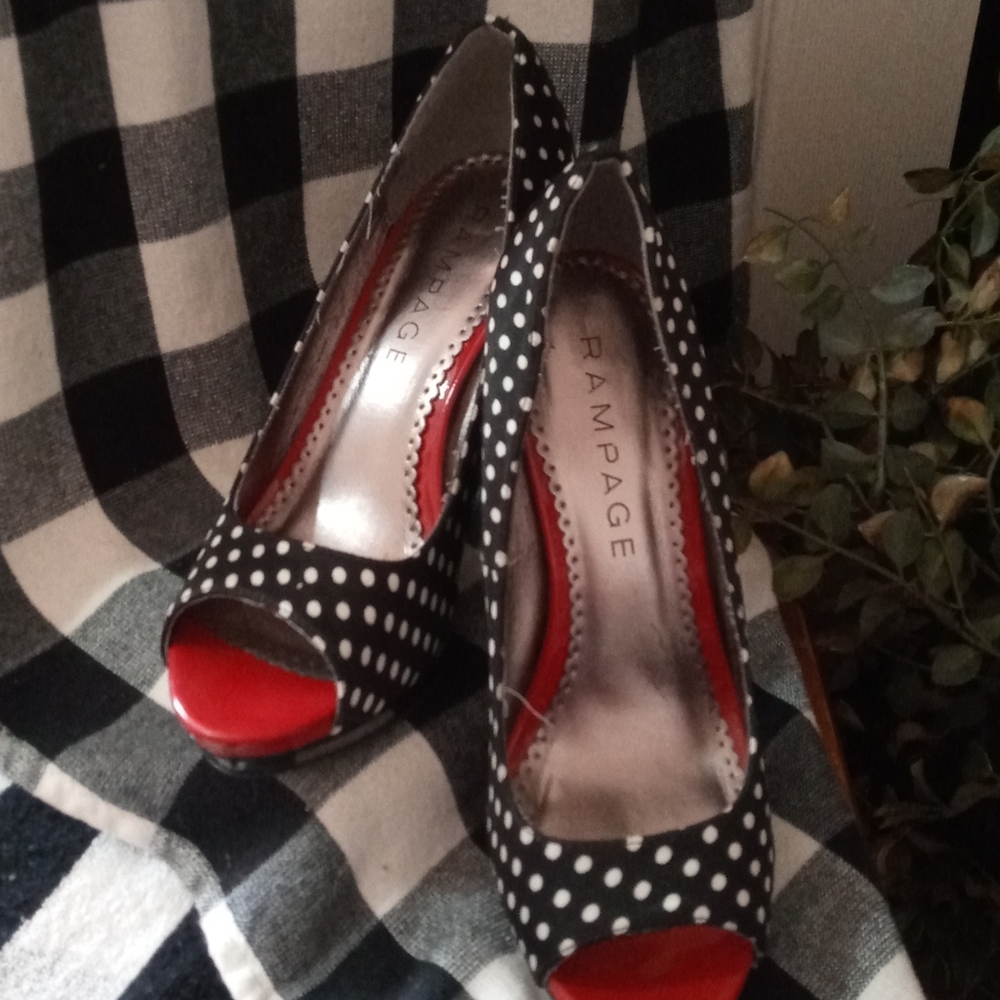 Rampage black and white polkadot heels